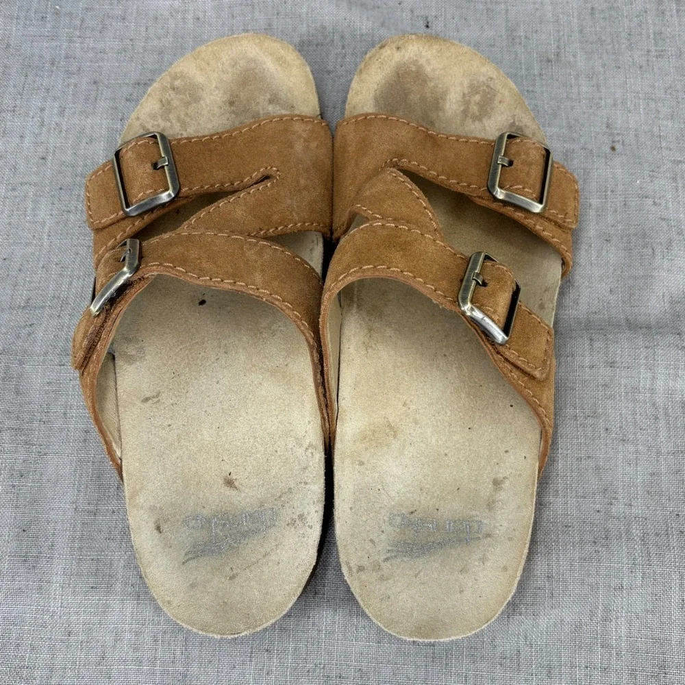 Dansko Dayna Tan Brown‎ Suede Leather Slip On Buckle Sandals Slides Womens EU 37